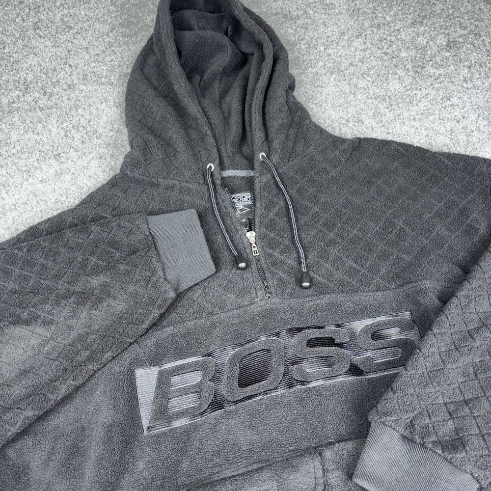 VTG Boss By Design Jacket Mens Xl Black 1/4 Zip Fleece Textured Hoodie Y2K Skate